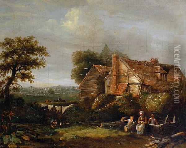 Outside The Cottage Oil Painting - Julius Caesar Ibbetson