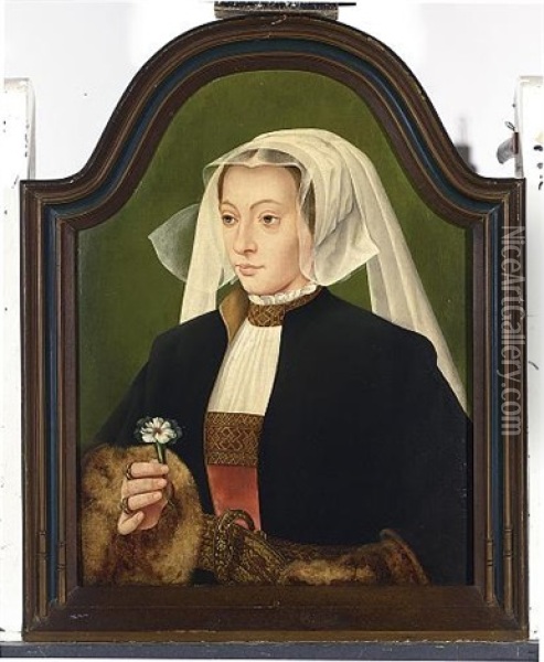 A Portrait Of A Lady Wearing A Red Dress, White Chemise, A Black Fur-lined Coat And A White Headdress, Holding A Carnation Oil Painting - Bartholomaeus (Barthel) Bruyn the Younger