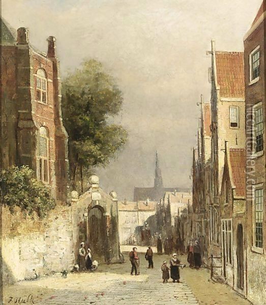 A Street Scene In Haarlem, The St Bavo Church In The Background Oil Painting - Johannes Frederik Hulk