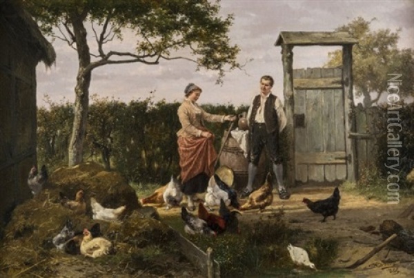Chickens Feeding In A Farmyard Oil Painting - Jan David Col
