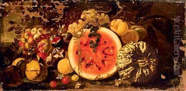 A watermelon and a melon, quince, peaches, crabapples, grapes and figs in a landscape Oil Painting - Luca Forte