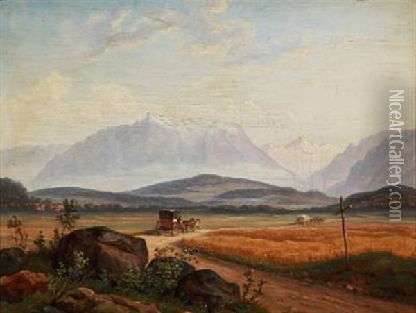 Southern German Mountain Landscape With Horse Carriages On The Road Oil Painting - Jens Peter (I.P.) Moeller