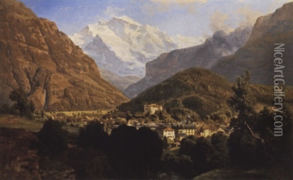 Ansicht Von Interlaken Mit Blick Auf Die Jungfrau Oil Painting - Anton Hlavacek