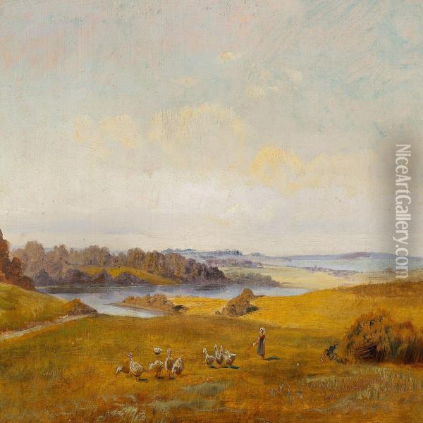Summer Landscape With A Girl Herding Geese Oil Painting - Jeppe Jorgen Sonne