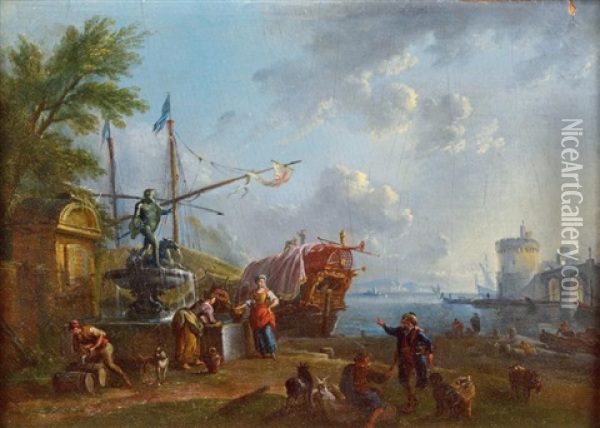 Personnages Pres D'une Fontaine Dans Un Port Mediterraneen Oil Painting - Jean Baptiste Lallemand