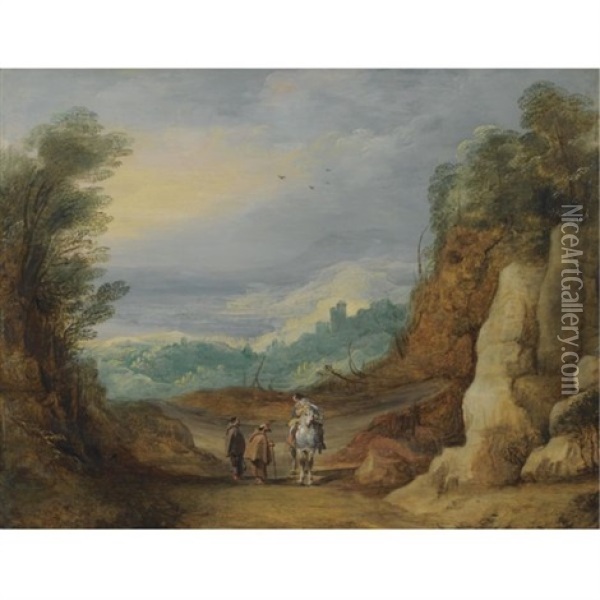 An Extensive Rocky Landscape With Two Monks And A Horseman In The Foreground Oil Painting - Joos de Momper the Younger