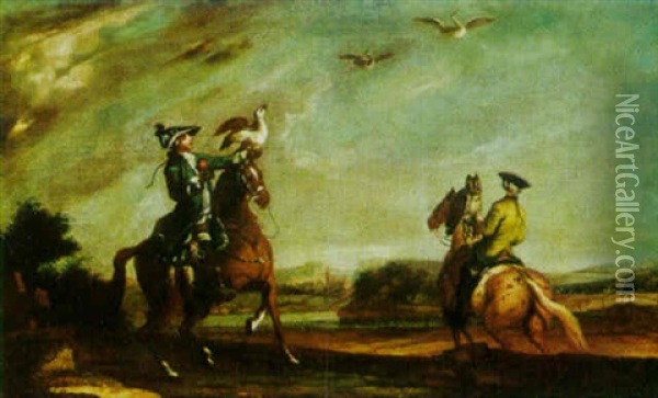 Landscape With A Hawking Party Oil Painting - Johann Elias Ridinger
