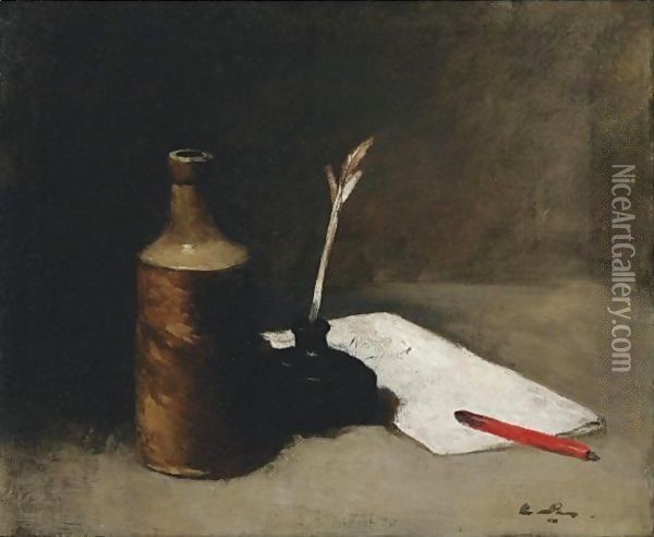 Still Life With Bottle, Inkpot And Letter Oil Painting - Germain Theodure Clement Ribot