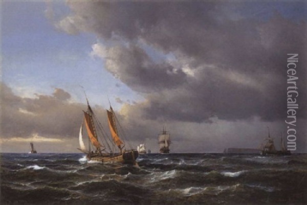 Marine Med Sejlskibe Og Fiskerbade Pa Havet Ud For En O Oil Painting - Daniel Hermann Anton Melbye