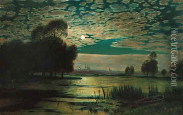 A river landscape by moonlight Oil Painting - Wilhelm Harsing