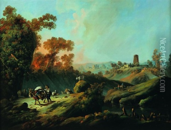Scene Pastorale Dans Un Paysage De Riviere Au Portugal Oil Painting - Jean Baptiste Pillement