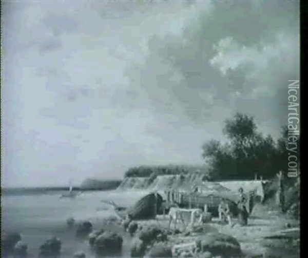 Fischerehepaar Am Ufer Beim Netzflicken Oil Painting - Georg Genschow