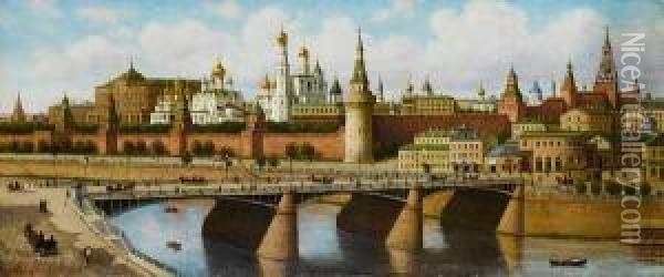 View Of The Kremlin From The Moskvoretskybridge Oil Painting - Petr Petrovich Vereshchagin