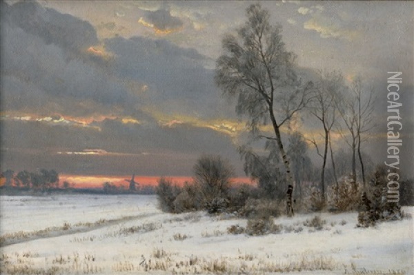 Winterlandschaft Im Abendrot Mit Windmuhle Oil Painting - Anders Andersen-Lundby