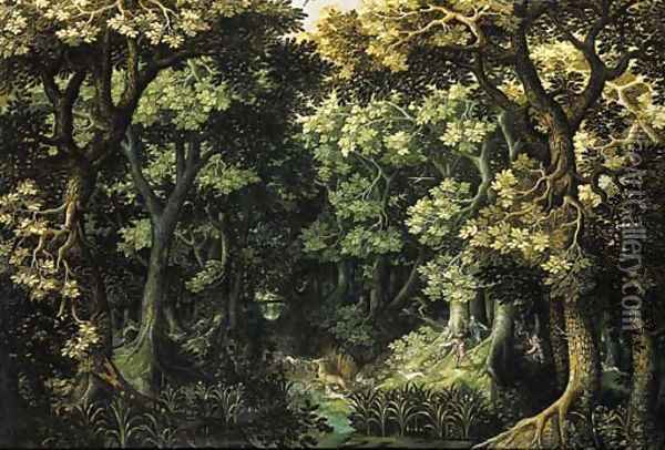 A wooded landscape with a stag hunt Oil Painting - David Vinckboons