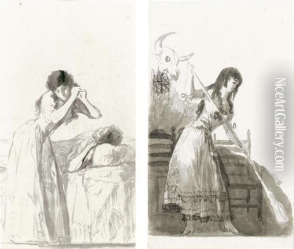 Recto: A Young Woman Arranging 
Her Hair Beside A Bed On Which Another Woman Is Resting; Verso: A Young
 Woman Sweeping In A Tavern Oil Painting - Francisco De Goya y Lucientes