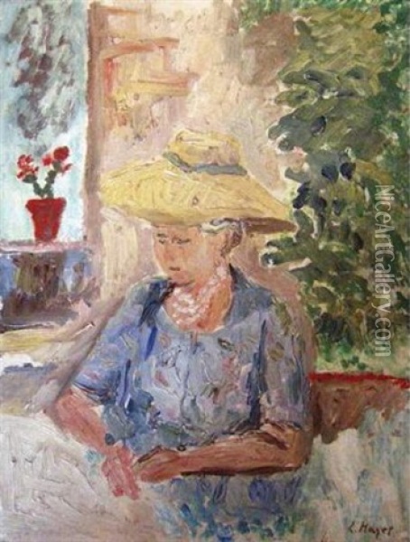 Femme Au Chapeau De Paille Dans Son Jardin - Pontoise Oil Painting - Louis Hayet