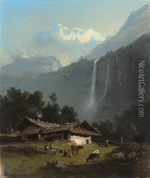 The Staubach Falls, Lauterbrunnen, Switzerland Oil Painting - Jules Louis Phillipe Coignet