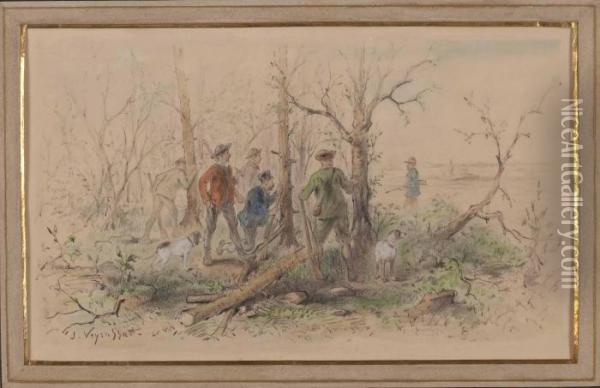 Jagergruppe In Waldlandschaft Oil Painting - Jules Jacques Veyrassat