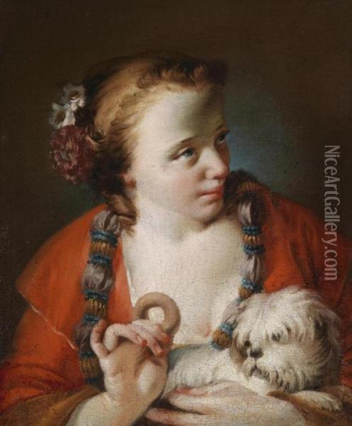 A Young Woman Offering A Dog A Biscuit Oil Painting - Giovanni Battista Piazzetta