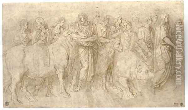 Priests leading a bull, a ram and a boar to an altar, after the Antique Oil Painting - Girolamo da Carpi