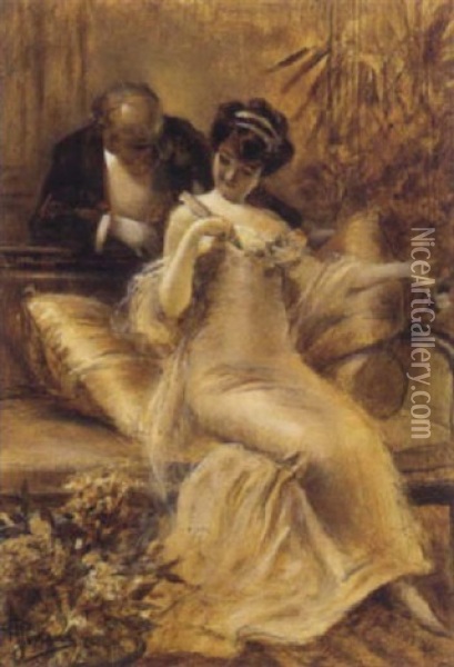 Elegante Sur Un Canape Conversant Dans Un Interieur Oil Painting - Albert Guillaume