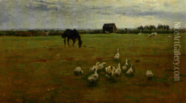 Heste Og Aender Pa Marken Oil Painting - Viggo Johansen