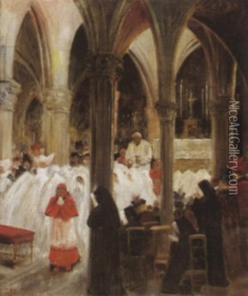 Erstkommunion In Gotischer Kirche Oil Painting - Jules Elie Delaunay