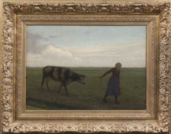 In Einer Weiten Landschaft Fuhrt Eine Bauerin Ihre Kuh Uber Eine Wiese Oil Painting - Willem Pothast