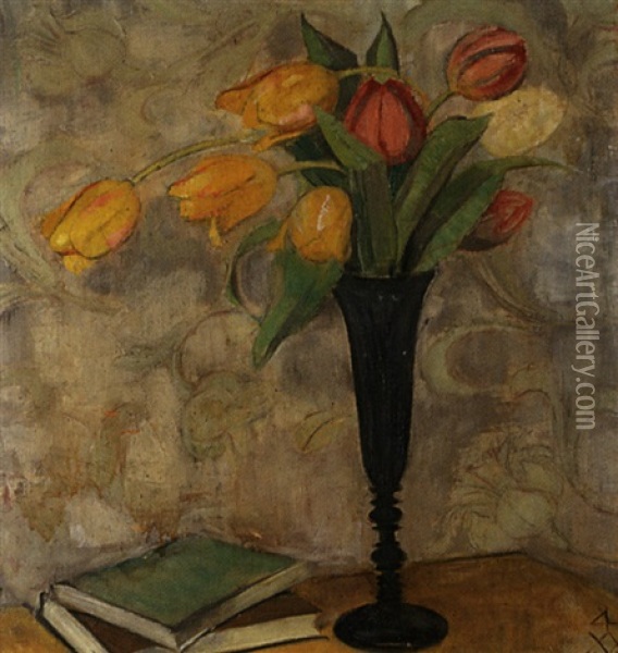 Tulpenstrauss In Schwarzer Vase Oil Painting - Albert-Sebastian Oesch
