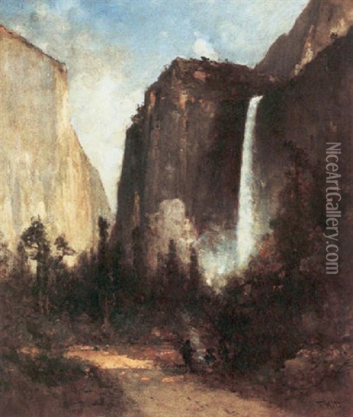 Travelers By A Campfire Near Bridal Veil Falls, Yosemite Oil Painting - Thomas Hill
