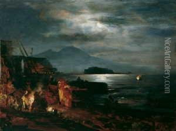 Mondnacht Am Golf Von Neapel. 
Monogrammiert Unten Rechts: O.a. Ol Auf Papier, Auf Holz Aufgezogen. H 
23,8; B 31,8 Cm. Oil Painting - Oswald Achenbach