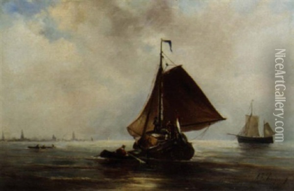 A Hay Barge On The Ij, Amsterdam In The Distance Oil Painting - Albert Jurardus van Prooijen
