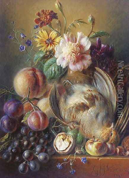 Partridge, prunes, peaches, grapes and flowers in a vase on a ledge Oil Painting - George Jacobus Johannes Van Os