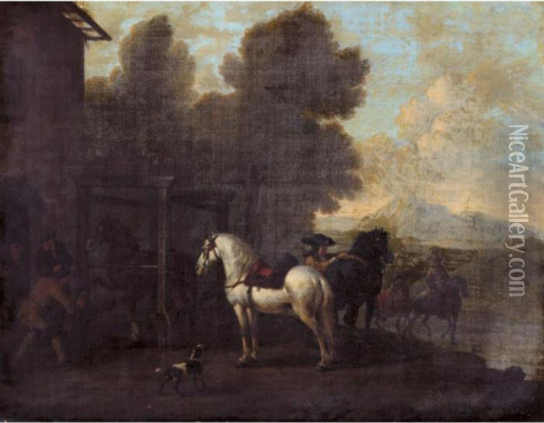 Horses And Cavaliers Outside A Blacksmith's Oil Painting - Pieter Wouwermans or Wouwerman
