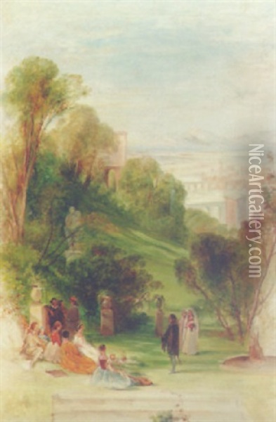 Figures Resting In An Italianate Landscape Oil Painting - Thomas Creswick