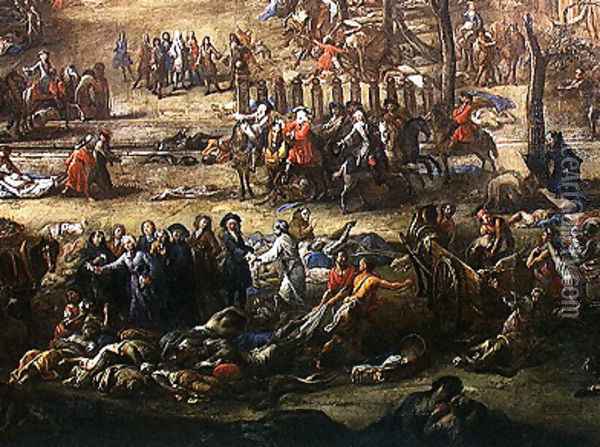 View of the Cours Belsunce, Marseilles, During the Plague of 1720, detail depicting the Cardinal of Belsunce with a group of corpses of plague victims, 1721 Oil Painting - Michel Serre