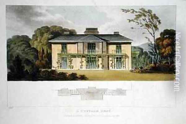 A Cottage Orne, from Ackermanns Repository of Arts, published 1818 Oil Painting - John Buonarotti Papworth