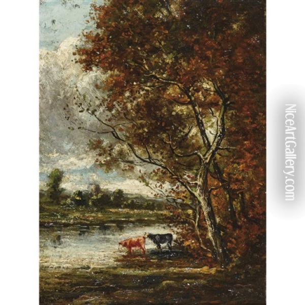 Herbstliche Flusspartie Mit Kuhen Oil Painting - Henri-Louis Foreau