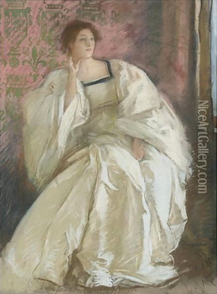 Woman In White Oil Painting - Edwin Austin Abbey