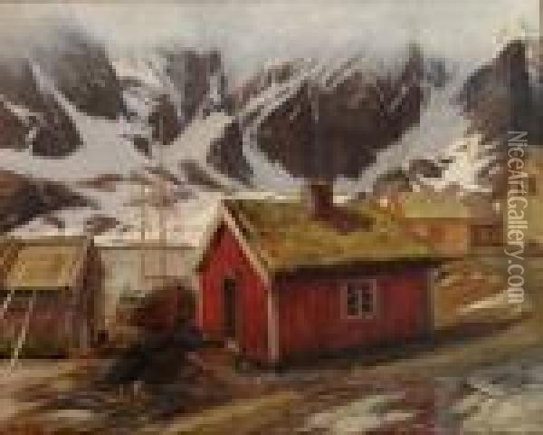 Fiskevaer I Lofoten 1902 Oil Painting - Thorolf Holmboe