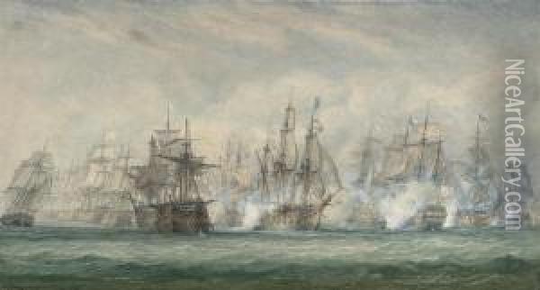 The Battle Of The Saintes, 12th April 1782 Oil Painting - John Christian Schetky