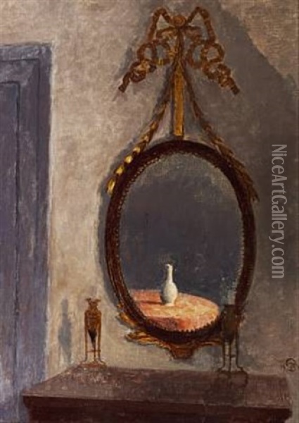 Interior From The Manor House Liselund, Mon With The Characteristic Liselund Mirror. In The Mirror, A Chinese Vase Is Seen Oil Painting - Peter Vilhelm Ilsted
