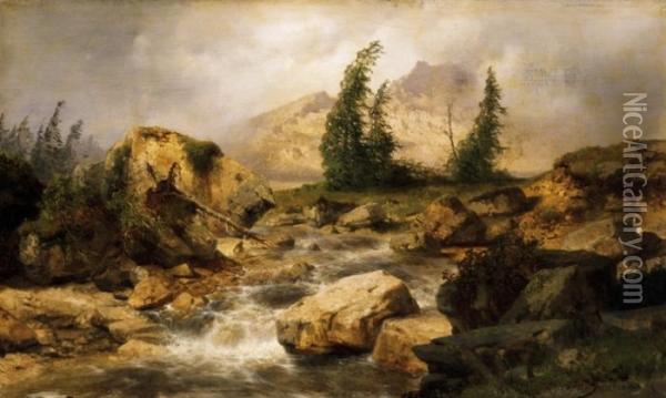 Landscape In The Alps With A Torrential Brook Oil Painting - August Albert Zimmermann