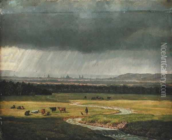 Landscape with Dresden in the Distance, 1830 Oil Painting - Heinrich Stuhlmann