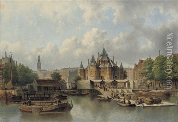 The Nieuwmarkt With The Waag, Amsterdam Oil Painting - Johannes Jacobus Antonius Hilverdink
