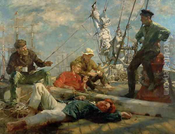 The Midday Rest Sailors Yarning, 1906 Oil Painting - Henry Scott Tuke