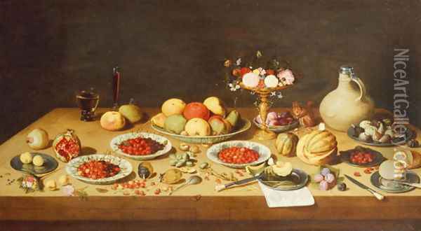 Still Life with Fruit and Flowers on a Table Oil Painting - Jan van Kessel