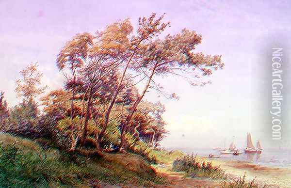 A Picnic on the Coast, Isle of Wight, with a yacht moored offshore flying the ensign of the Royal Yacht Squadron Oil Painting - James Clarke Waite