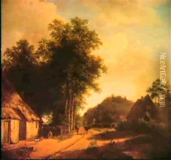 A Summerlandscape With Figuresby A Farmhouse Oil Painting - Andreas Schelfhout